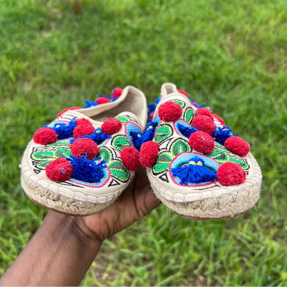 Tory Burch Ellis Pom Pom Embroidered Espadrille Flats Leather Textile Shoes 7.5 - Picture 9 of 11